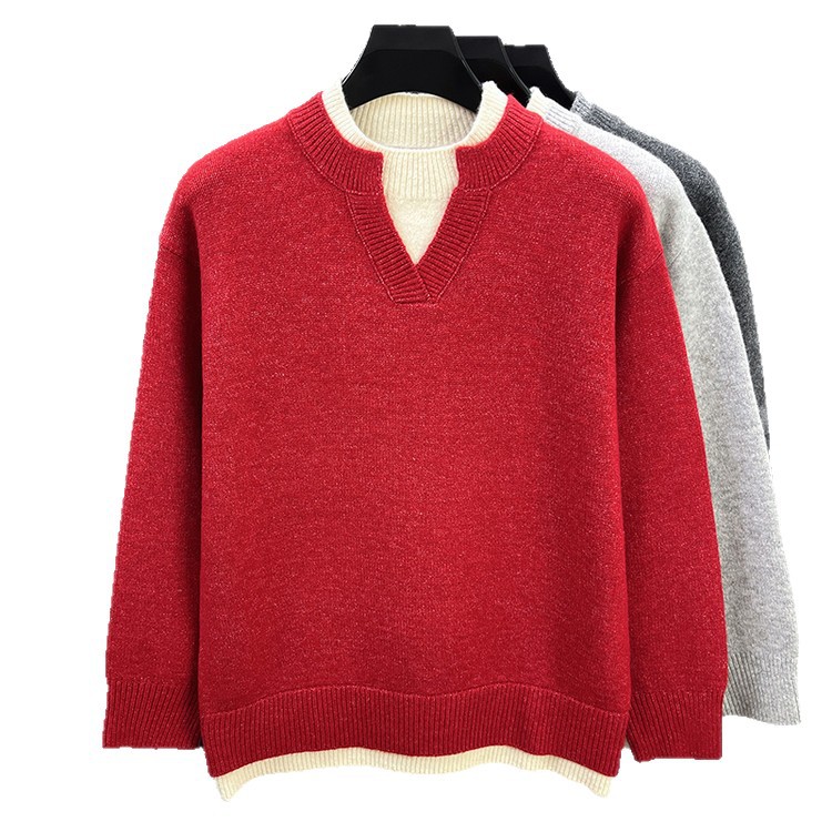 Falsos suéter de dos piezas de hombre otoño invierno V-collar contraste de moda top bottom casual suéter de punto suelto perezoso