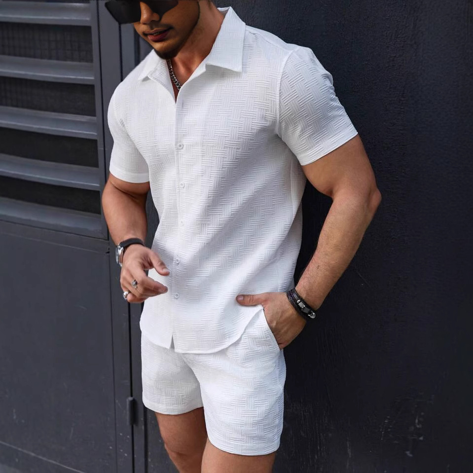 Ensemble deux pièces pour homme, chemise à manches courtes et short, style sport décontracté, idéal pour la plage (collection 2025)._voghion.com