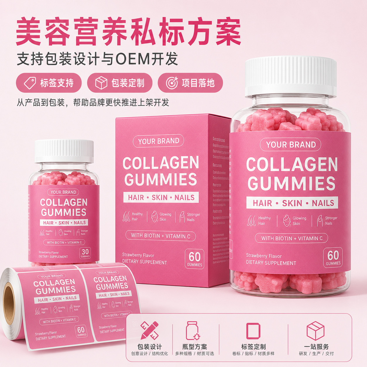 跨境批发GMP工厂谷胱甘肽胶原蛋白软糖60粒定制OEM贴牌现货48h发