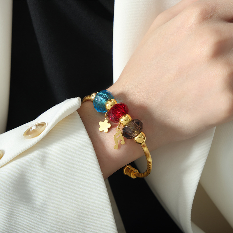 Francés retro colorido corte cristal pulsera abierta titanio acero 18K oro nicho diseño no se desvanece pulsera dulce chica