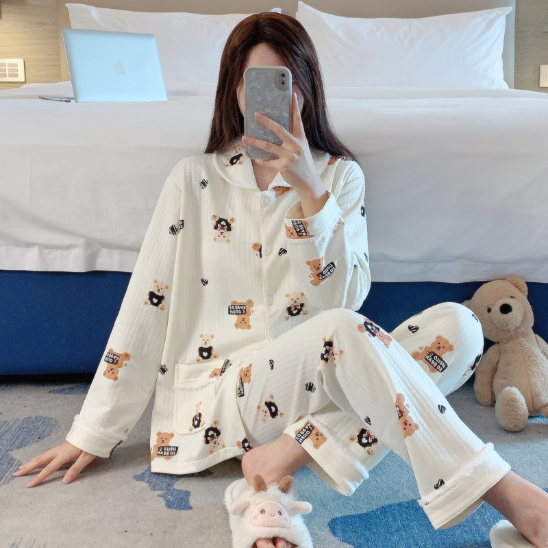 Pijamas de oso japonés Otoño e Invierno de las mujeres más grasa MM algodón sándwich manga larga 2023 Nuevo aire algodón desgaste del hogar