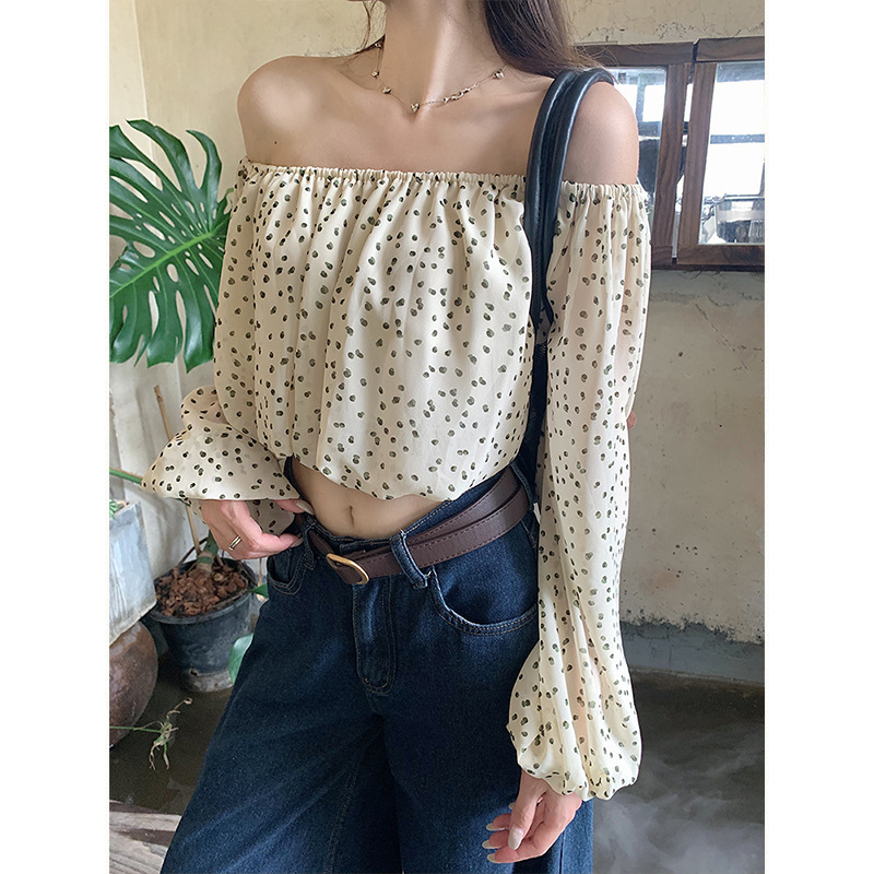 Magic Queen French Retro Polka Dot Off-Shoulder Lantern Long Sleeve Blouse for Women, Summer Fashionable Elegant Off-Shoulder Top Magic Queen French Retro Polka Dot Off-Shoulder Lantern Long Sleeve Blouse for Women, Summer Fashionable Elegant Off-Shoulder Top