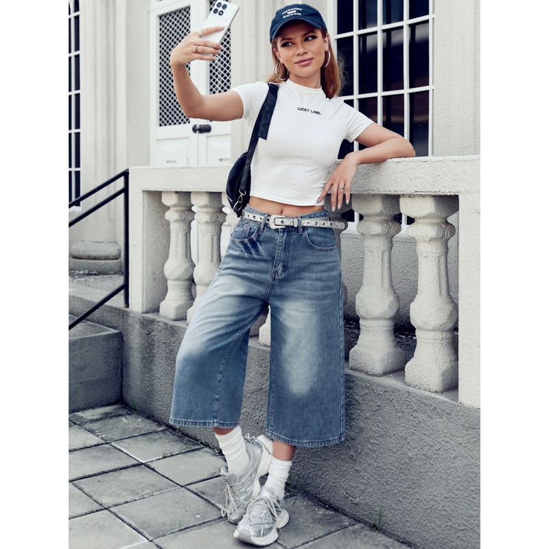 Cross-Border European and American Style Loose Wide-Leg Non-Stretch Denim Cropped Pants for Women, Unique Niche Design Detail Jeans