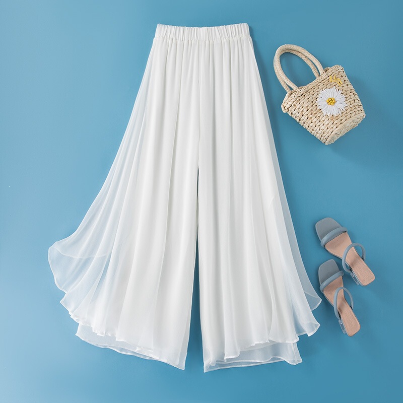 Elastic Waist Summer Dance Pants, Elegant Silk Wide-Leg Pants, Fashionable Casual Pants, Cropped Pants, Thin Style, Trendy White for Women