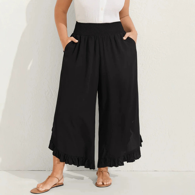 2026 New European and American Plus Size Wide-Leg Pants with Ruffled Hem and Pockets, Women's Straight-Leg Casual Pants 2026 New European and American Plus Size Wide-Leg Pants with Ruffled Hem and Pockets, Women's Straight-Leg Casual Pants