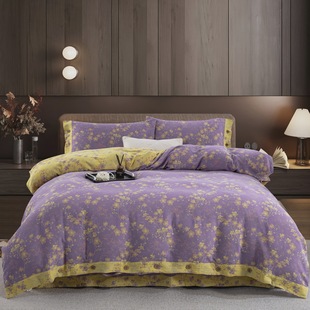 Plain New Chinoiserie Retro Style Double-Layer Gauze Floral Bed Bed Sheets Jacquard 100 Cotton Type a Contrasting Color Four-Piece Set