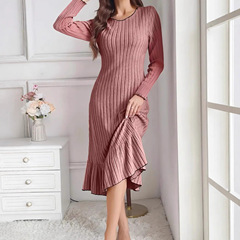 アマゾンヨーロッパとアメリカの秋と冬の新しいヨーロッパとアメリカのドレス長袖無地耳ファッション婦人服