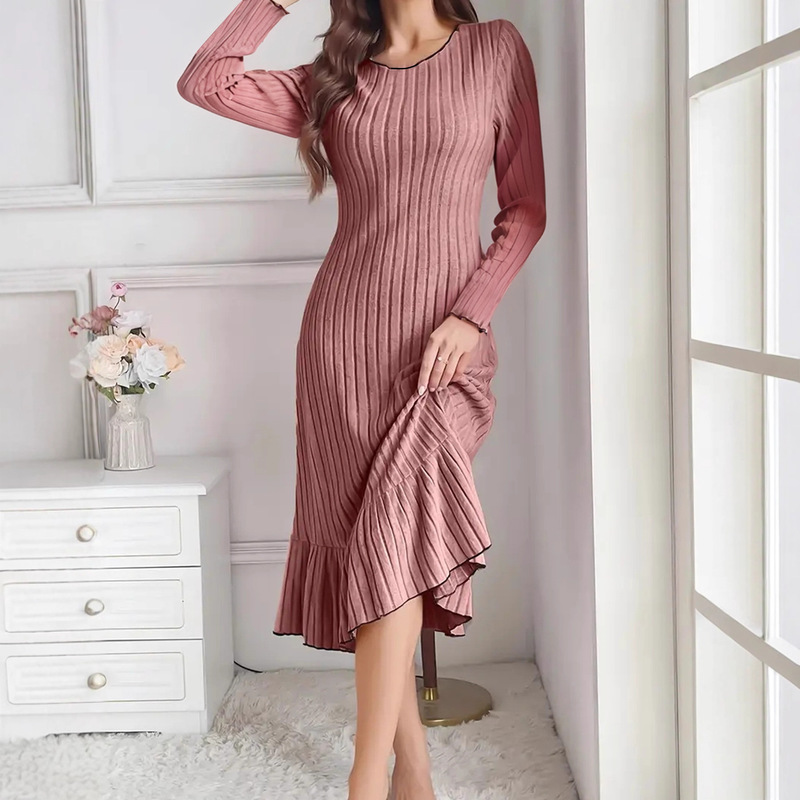 Amazon European and American Style Autumn and Winter New Long-Sleeve Solid Color Dress with Ruffled Edges Fashion Women's Clothing