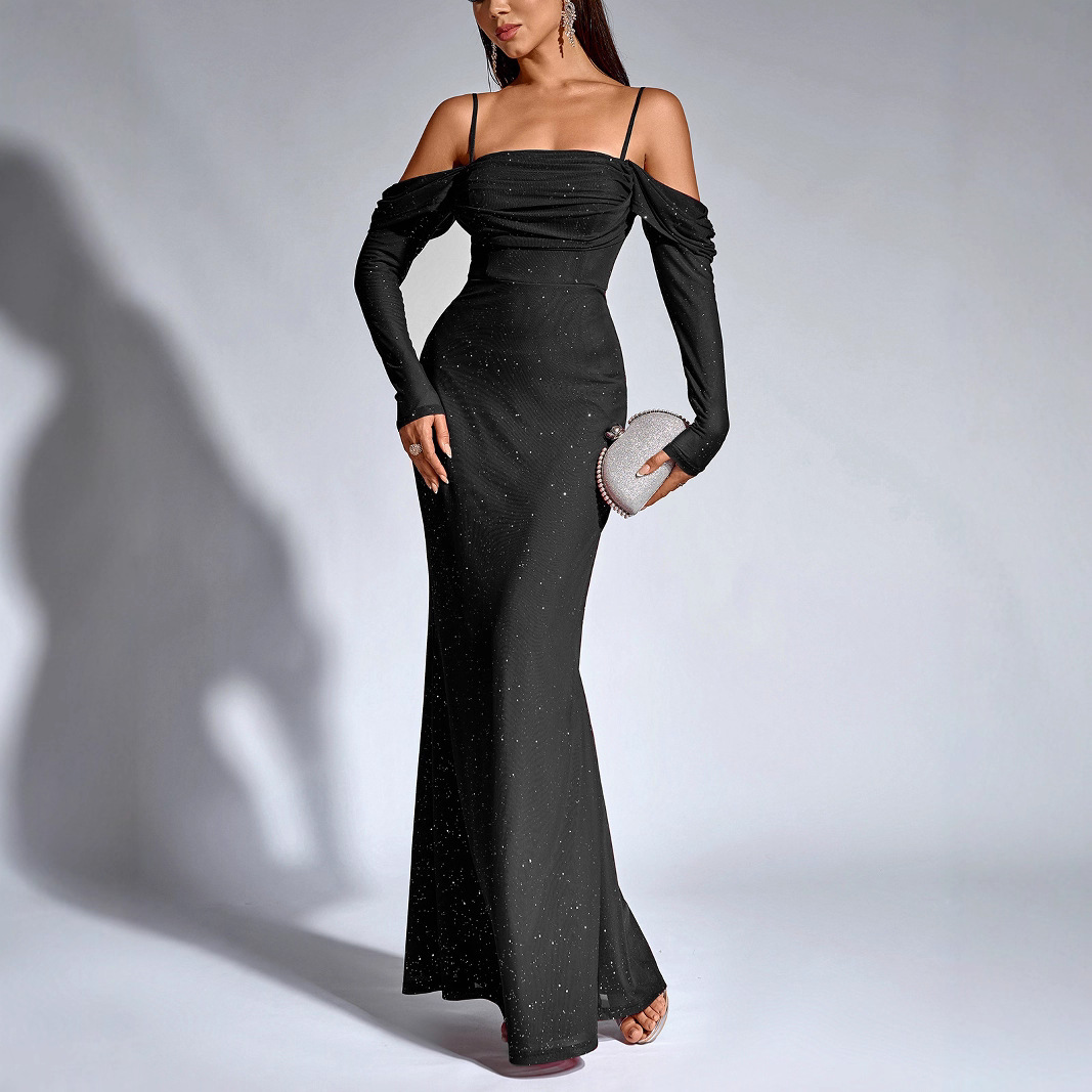 Robe de soirée élégante et cintrée, style européen, épaules dénudées, ornée d'un voile de tulle poudré, collection automne-hiver._voghion.com