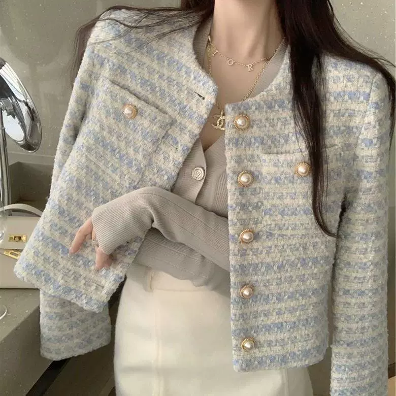 Короткая куртка женская, стиль French/Chanel, свободный крой твид, синий, размеры S–XL