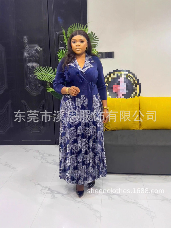 Miayki三宅烫金羽毛钉珠西装领褶皱系带大码连衣裙女装跨境新dres|undefined