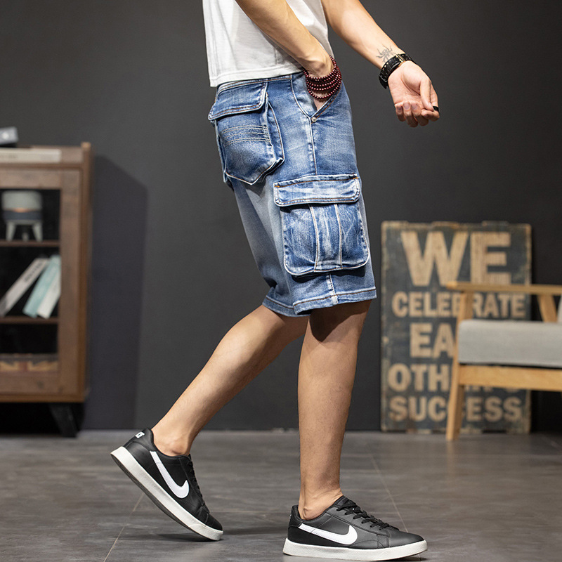 Summer Multi-Pocket Cargo Denim Shorts for Men, Five-Point Summer Trendy Loose Mid-Length Shorts, Five-Point, Seven-Point Biker Shorts