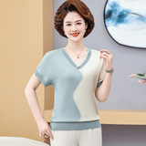 中老年女裝夏季冰絲針織衫涼爽透氣時尚V領媽媽裝短袖拼色上衣T恤，女裝T恤，妃慕昵服飾