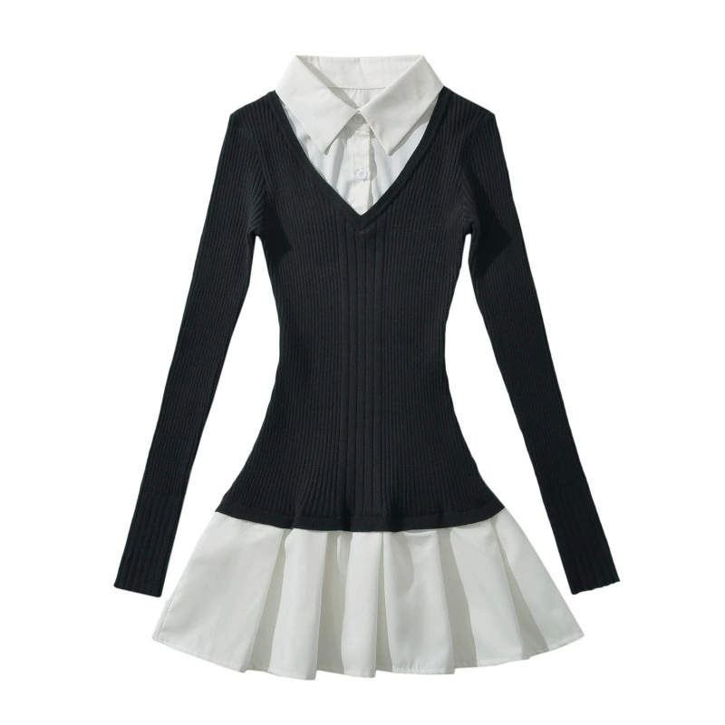 Осенняя и зимняя горячая девушка с лацканым воротником с длинными рукавами, контрафактные два трикотажных платья, тонкая талия, плиссированная юбка, короткая юбка