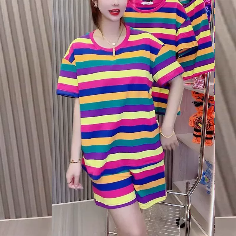 Летние женские пижамы, комплект из двух предметов, свободные полосатые брюки больших размеров, повседневная спортивная одежда для отдыха, модная одежда