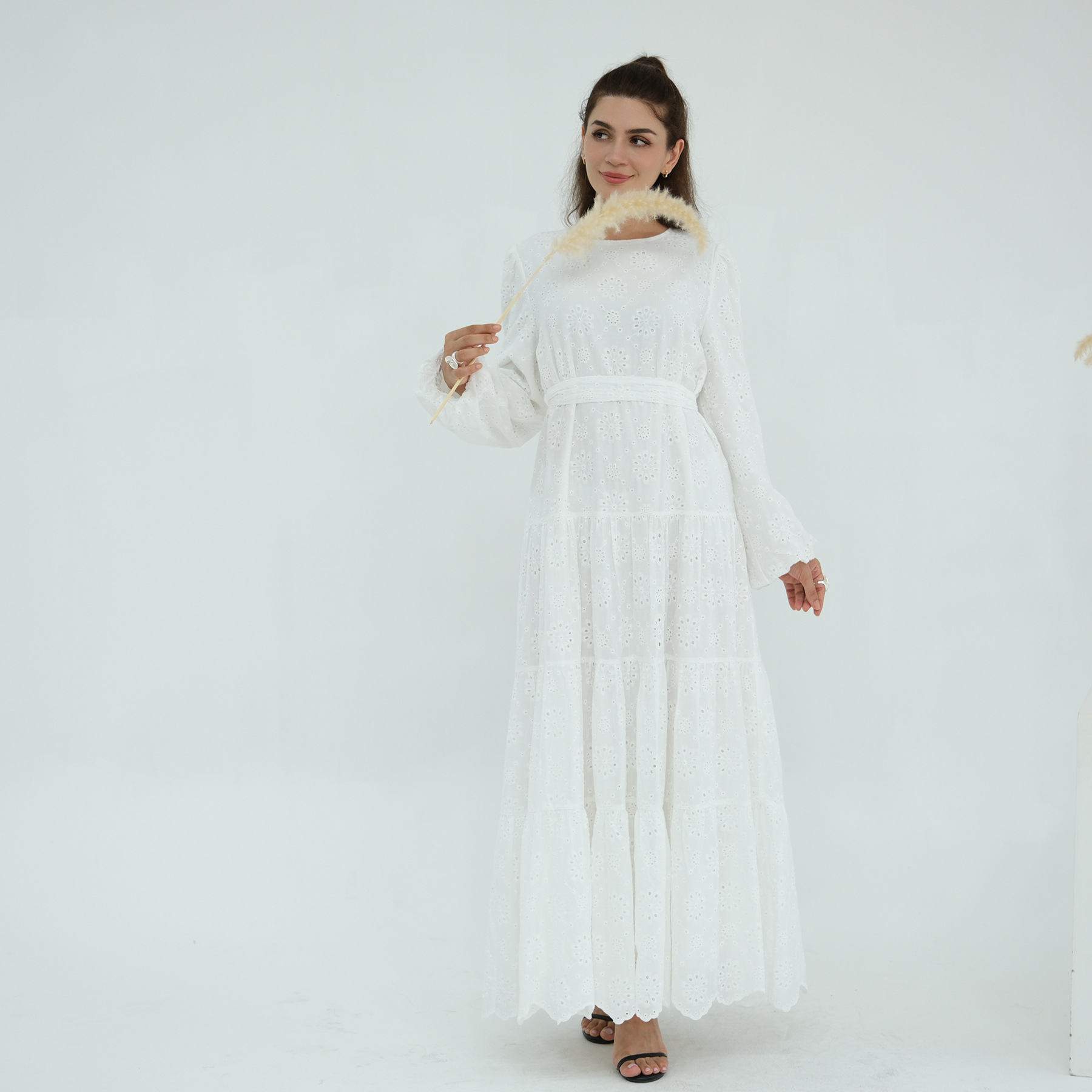 Voya Women's Eyelet Embroidered Maxi Dress-Long Sleeve Tiered Beach Dress With Scallop Hem-Boho Casual Summer Dress, For Holiday, Wedding Guest & Daily_ecoleips.com
