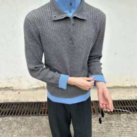 美式复古羊毛混纺假两件双层领套头毛衣男女高智感坑条针织衫上衣