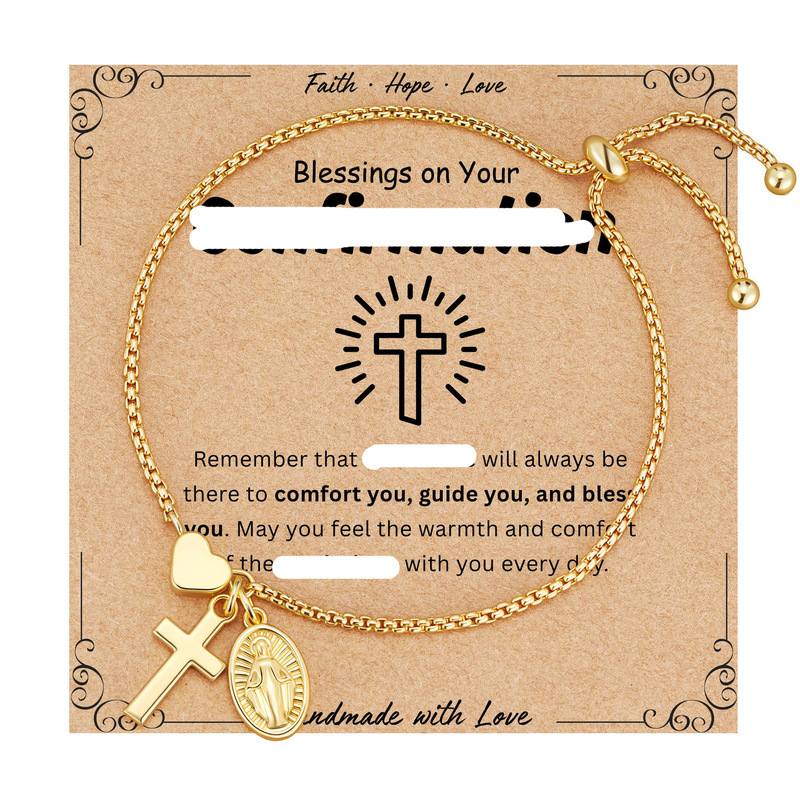 Stainless Steel Blessing Bracelet with Cross, Heart, and Portrait Pull-Clasp Chain Bracelet, Gold Heart Cross Bracelet
