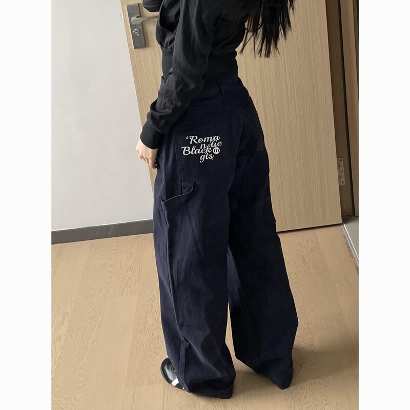 【广州新塘牛仔】复古藏青色工装牛仔裤女设计感宽松显瘦直筒阔腿|undefined