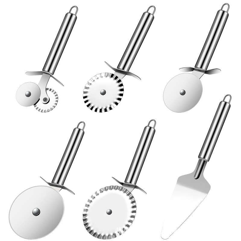 Herramientas para hornear de cocina Cortador de pizza de una sola rueda de acero inoxidable Mango de tubo redondo Cuchillo de rueda de pizza de encaje de doble rueda Pala para pastel