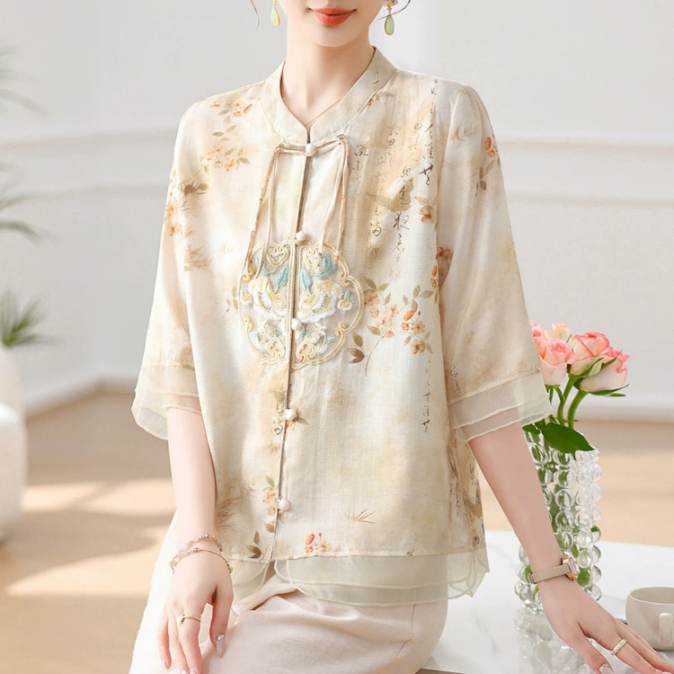 2024 новый набор новых китайских рубашек брюки свободные старинный стиль кардиган с короткими рукавами укороченные брюки дамы дикая мода