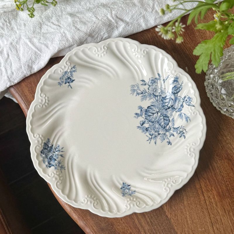 法式蓝色凌霄花浮雕陶瓷餐具盘子陶瓷碗咖啡杯碟下午茶餐盘高脚盘|undefined