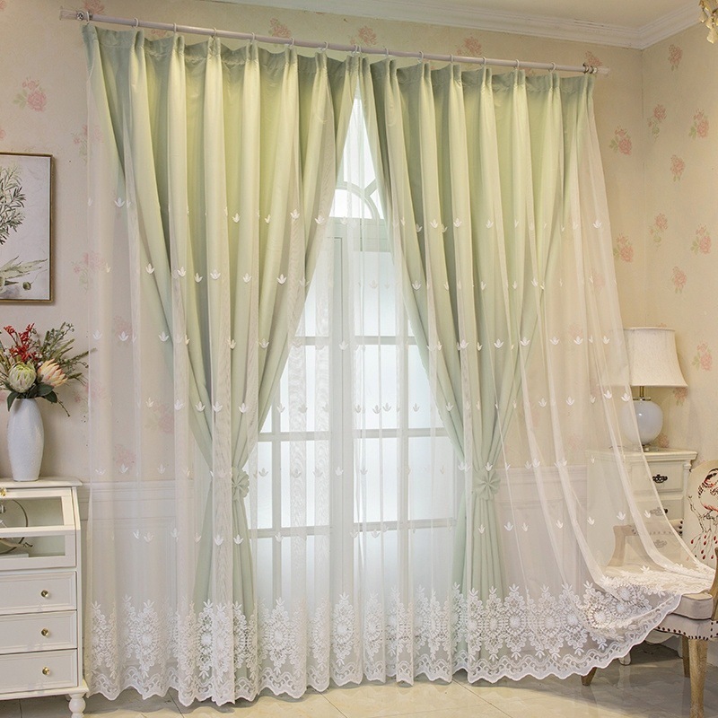 Curtain Blackout Cloth and Gauze Integrated Double-Layer Bay Window Living Room Bedroom Pure Color Pastoral Simple Modern Embroidered Gauze Curtain New Style