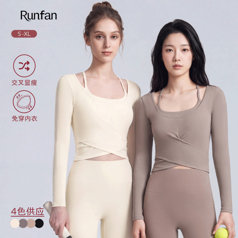 Yoga Wear with Gathered Design and Chest Pads, Sports Top with Cross-Over Hem, Slimming Long Sleeves, Seamless, No Need to Wear Additional Cups, Fitness Wear