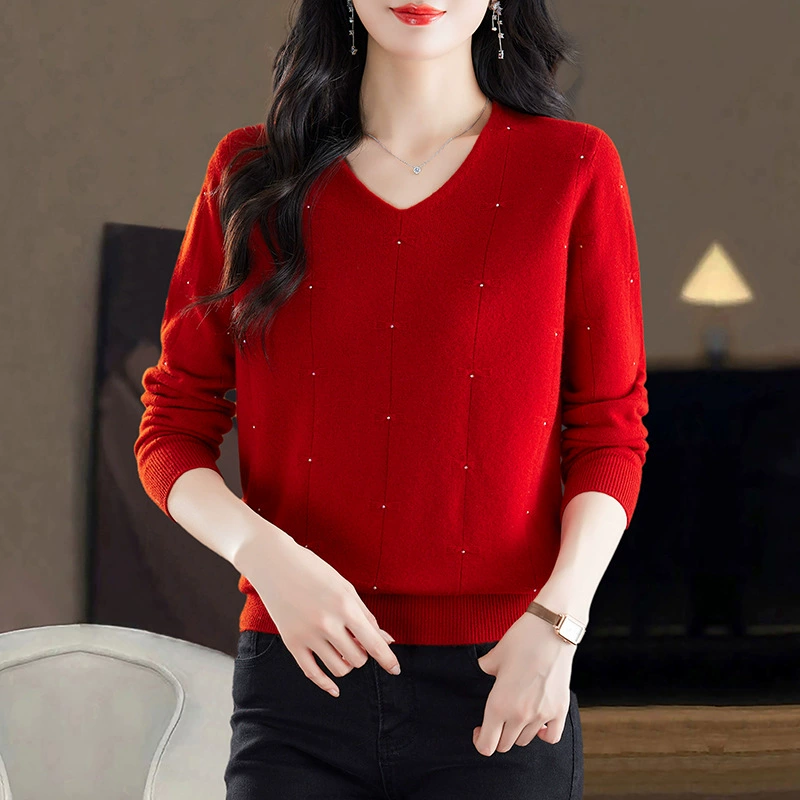 Осенне-зимний свитер из 100% шерсти, однотонный, новый, с V-образным вырезом, красный, для женщин среднего возраста, шерстяной базовый свитер