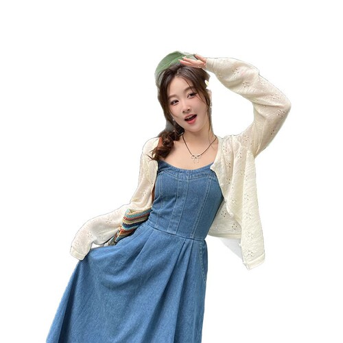 Miaona Knitted Cardigan Coat Women 2025 New Korean Style Spring and Summer Top White Lace Strap Dress Outer 