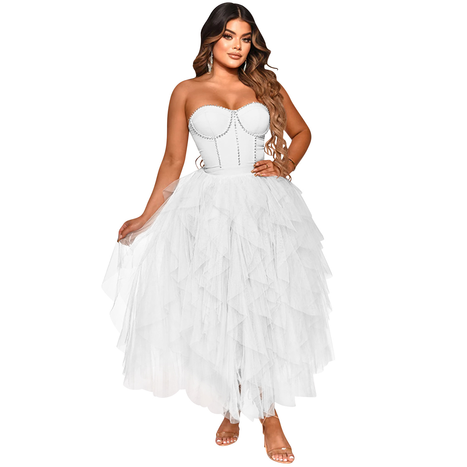 X5709 nueva llegada AliExpress Amazon moda europea y americana color sólido rhinestone caliente tubo superior mullido vestido de malla ropa las mujeres image 9