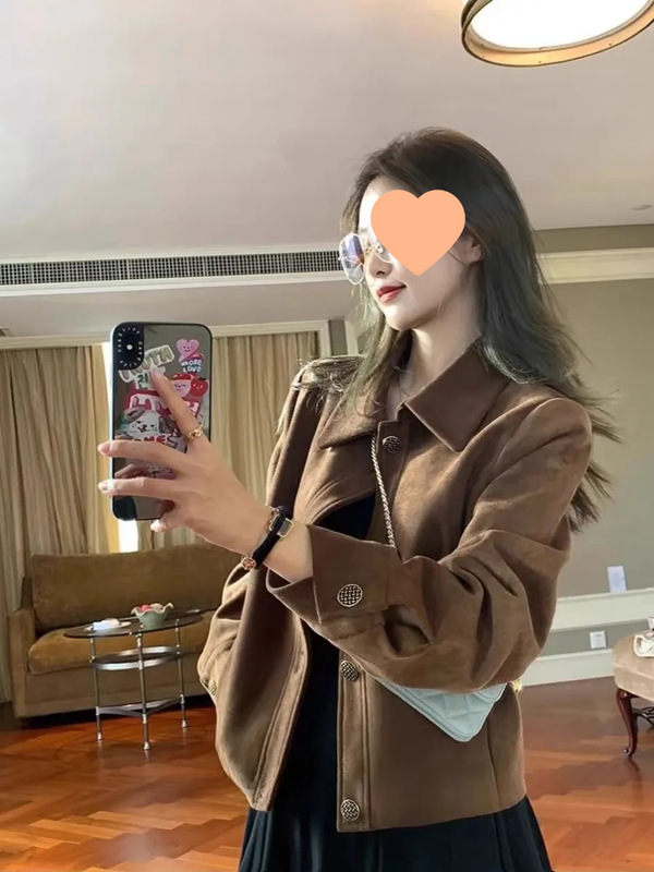 咖色鹿皮绒外套女短款2025春秋款韩系宽松休闲复古小个子夹克上衣|undefined