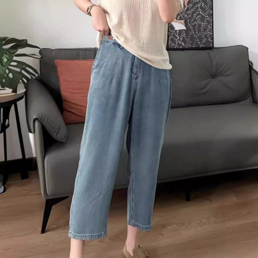 Грушевидные джинсы-шаровары Tencel, женские тонкие большие размеры, толстые сестры, с высокой талией, облегающие ледяные шелковые брюки с широкими штанинами и драпировкой