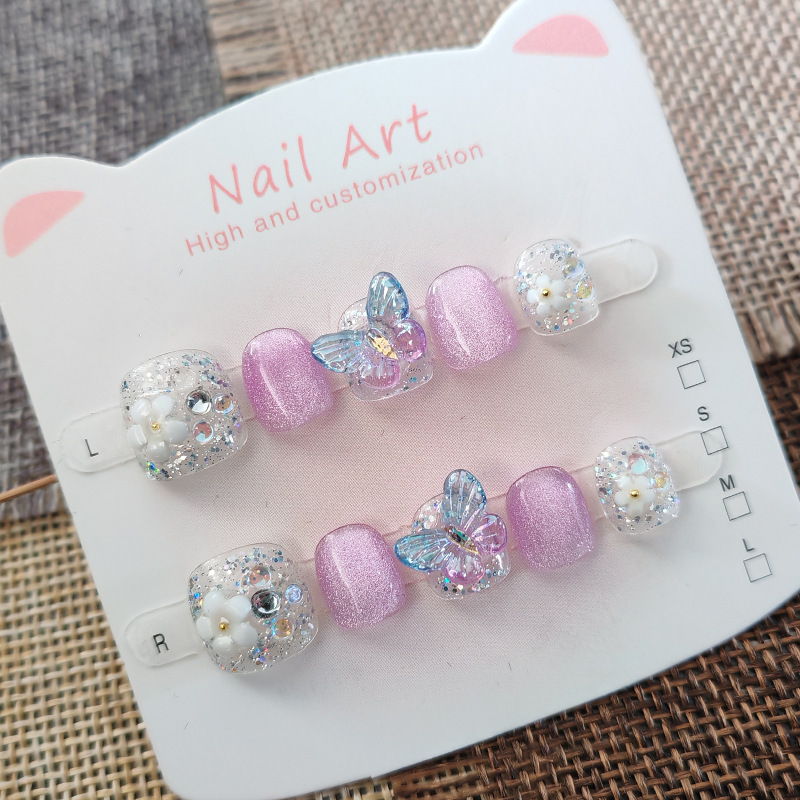 Purple Cat Eye Nail Art Butterfly Flower Sparkling Children's Wearable Nails, Brightening, Handmade Nail Stickers for Ages 3-6-12