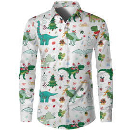 跨境外贸热销男士衬衫可爱小动物圣诞节元素印花衬衣时尚个性休闲