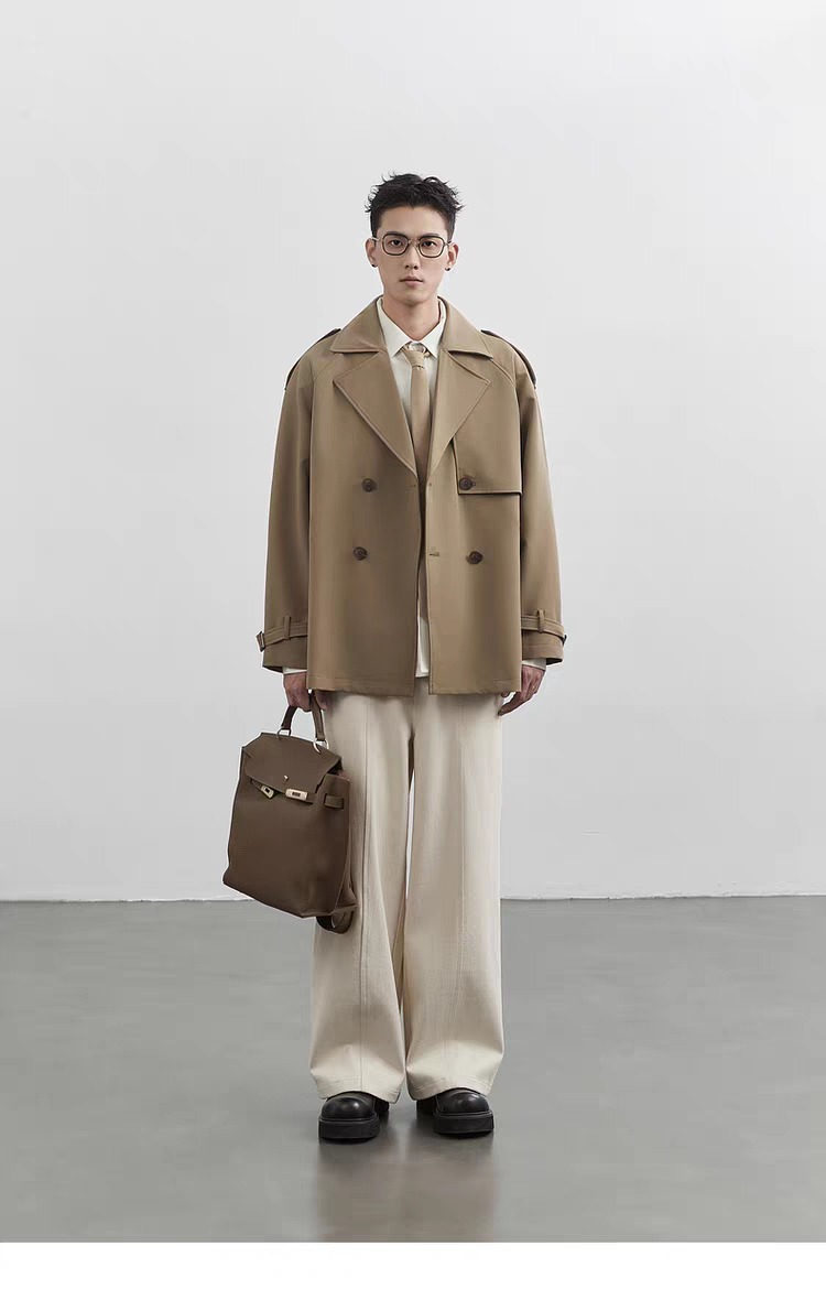 High-end wrinkle-resistant suit collar men's short trench coat for spring and autumn, loose fit, casual and trendy.