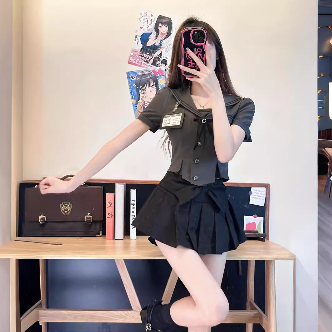 연인 소녀 블랙 그레이 미국 아카데미 스타일 원단 돼지 새로운 허리 슬리밍 선원 칼라 주름 스커트 JK