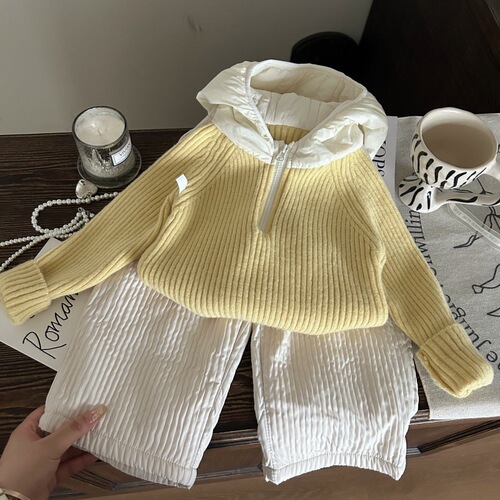 Korean children's winter knit hat and sweater set with warm lining for girls, two-piece fashionable children's pants