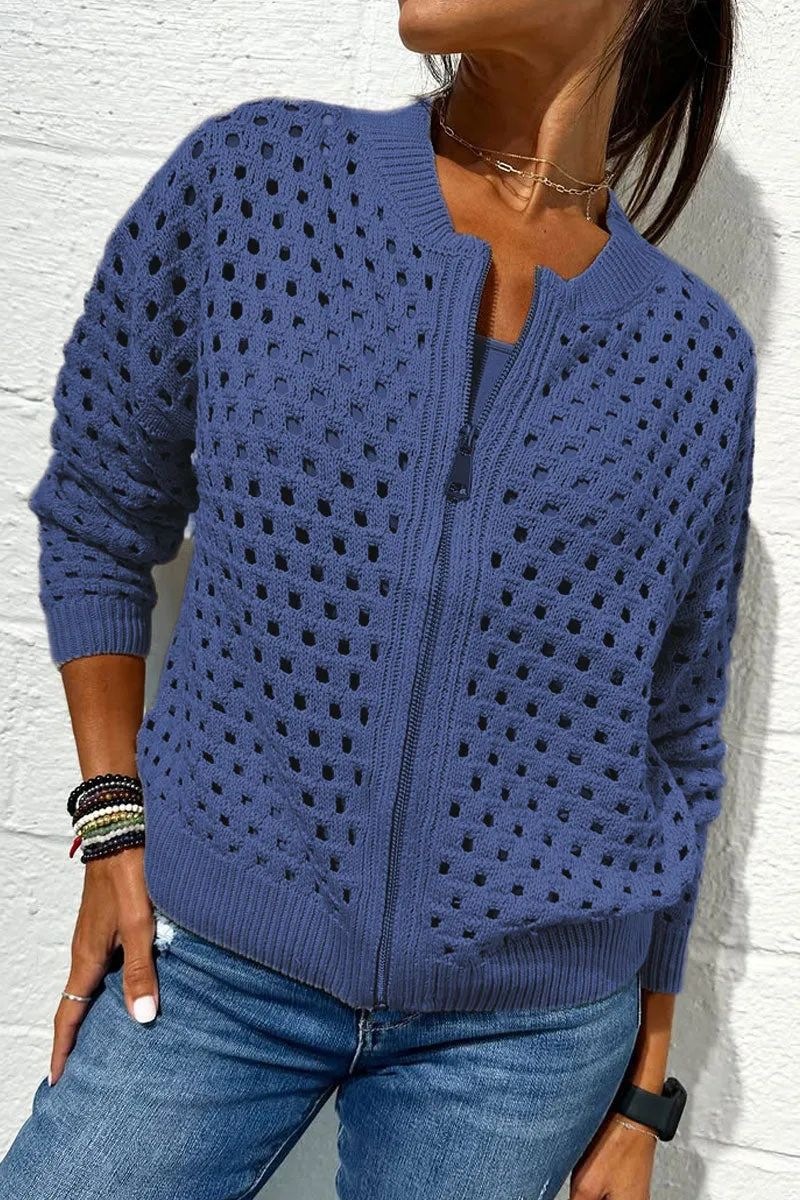 2026 nueva estación independiente de Amazon Europa y Estados Unidos ropa de mujer casual jersey hueco chaqueta con cremallera de punto chaqueta de mujer
