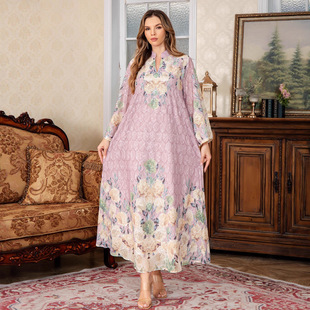 Spot New Embroidered Printed Robe Middle Eastern Dress Dubai Women's Elegant Abaya Muslim Robe