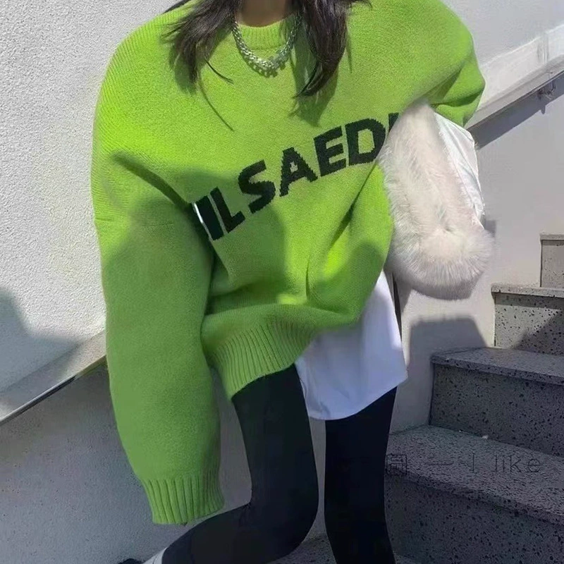 Модный бренд 2025: новая коллекция весна-осень-зима — свободный повседневный универсальный свитер-пуловер с круглым вырезом и буквенным принтом для женщин