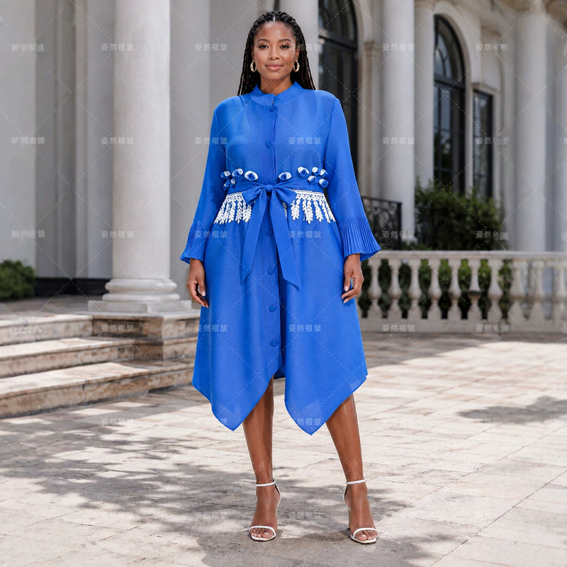 2026 New Style Royal Blue Elegant Waist-Cinching Slimming African Plus-Size Women's Pleated Long-Sleeve Shirt Dress 2026 New Style Royal Blue Elegant Waist-Cinching Slimming African Plus-Size Women's Pleated Long-Sleeve Shirt Dress
