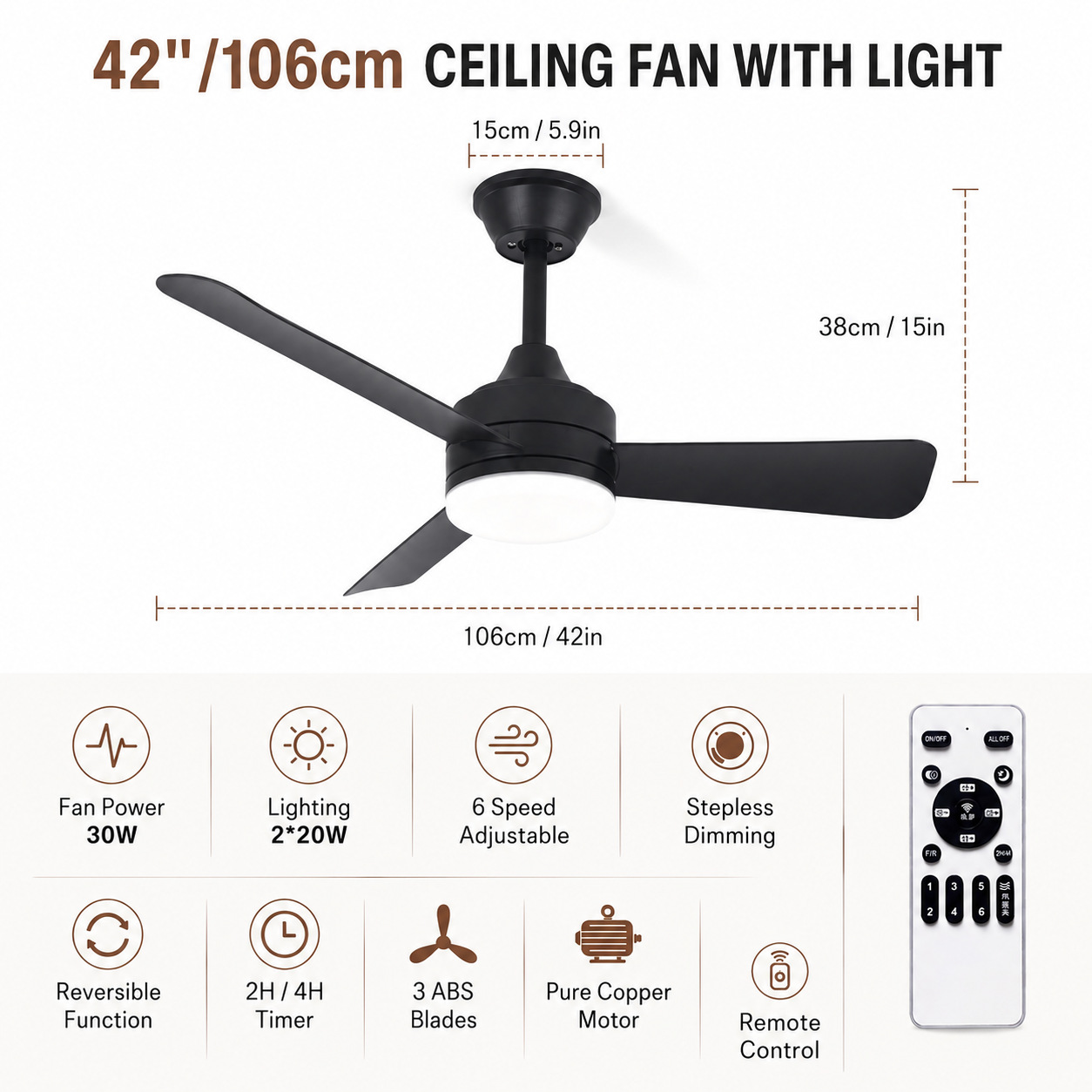 Ventilador de Techo con Luz de PC y ABS con Control Remoto para Dormitorio y Restaurante