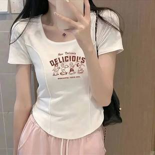 Short Square Neck Short-Sleeved Shirt for Women Niche Printed Loose Slimming Top Summer Korean Style Chic Right Shoulder T-Shirt