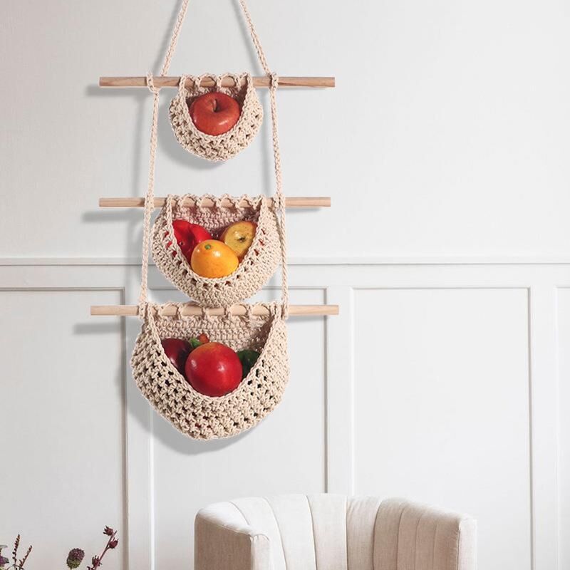 波西米亚风家居厨房三层手工编织水果吊篮子装饰水果网兜编织蔬果