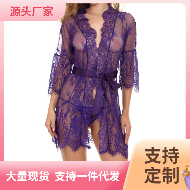 Foreign Trade Cross-Border New European and American Sexy Lace Three-Quarter Sleeve Pajamas Temptation Pajamas Three-Piece Set