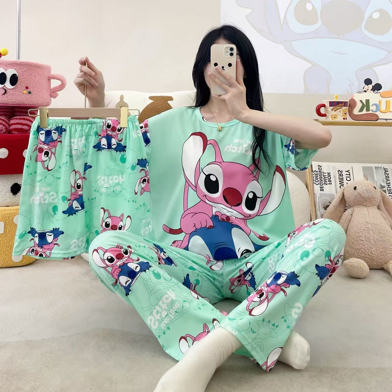Pijamas de verano transfronterizos pijamas de leche de seda de tres piezas set de dibujos animados comercio exterior ropa para el hogar pantalones de mangas cortas lindos