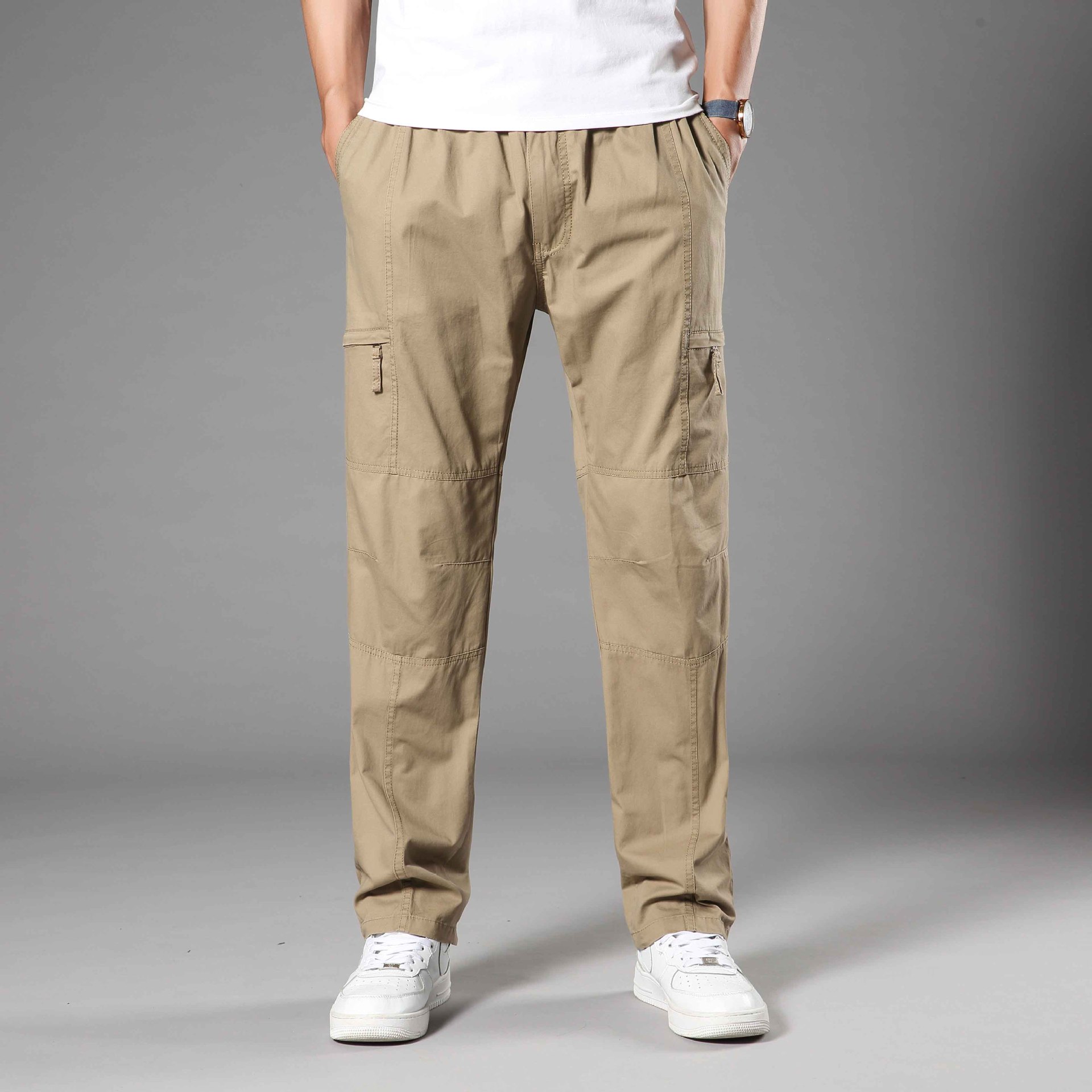 Men's Casual Pants Spring and Autumn Thin Pure Cotton Large Size Loose Cargo Pants Sports Straight Outdoor Multi-Pocket Long Pants Men