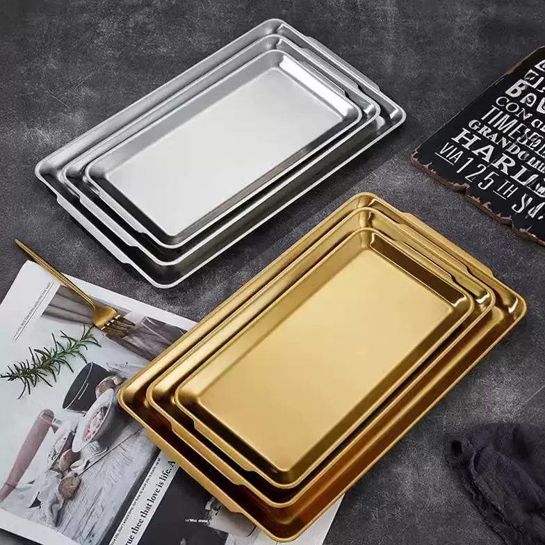 加厚304不锈钢韩式烧烤托盘 创意盛菜寿司平底盘长方形收纳盘子