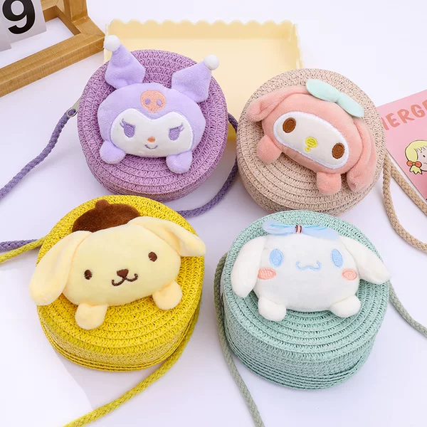New Children's Straw Bag Cute Cartoon Big Ears Dog Children's Coin Purse Crossbody Small Bag Woven Mobile Phone